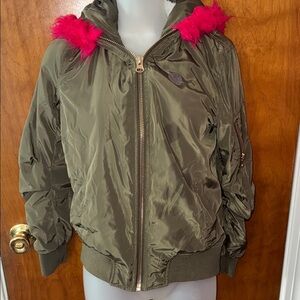 Charlotte Russe Olive Green Bomber Jacket with Pink Fur Trim